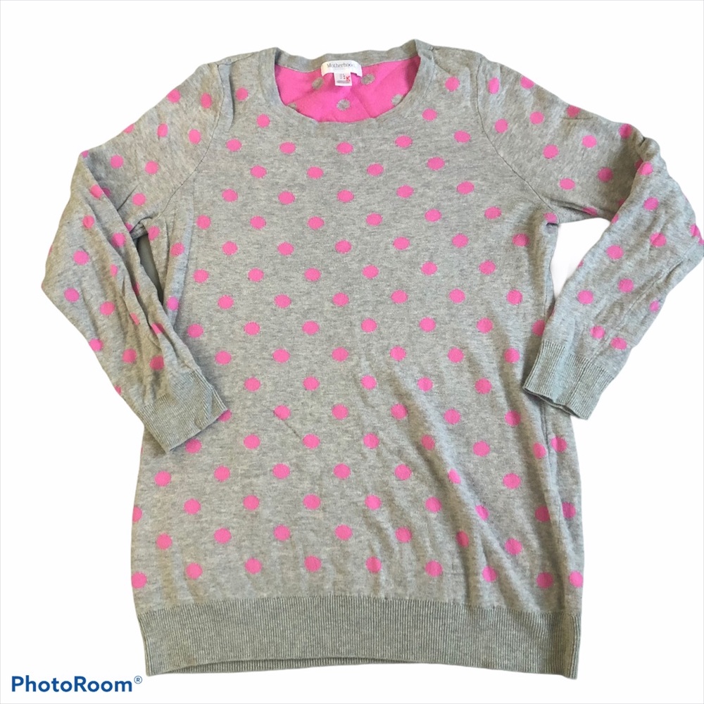 Motherhood Maternity Gray and Pink Polka Dot Crew Neck Sweater